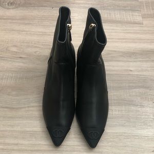 chanel ankle boots 37/7b black stretch lambskin grosgrain new in box